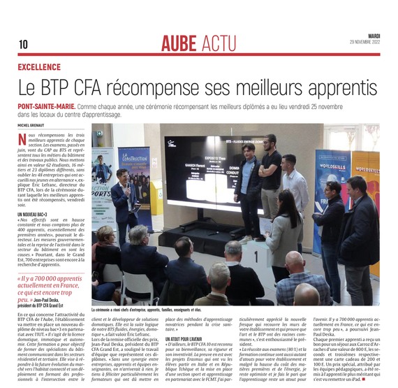 Le BTP CFA récompense ses meilleurs apprentis