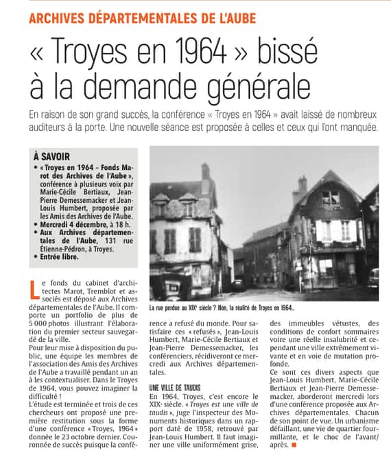 Plébiscitée, la conférence « Troyes en 1964 » revient le 4 décembre