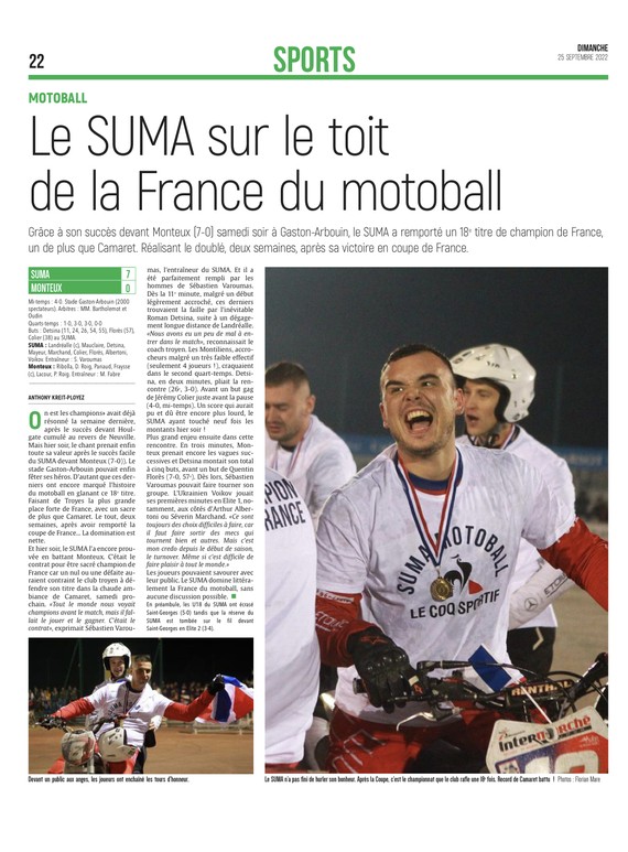 Le SUMA sur le toit de la France du motoball.