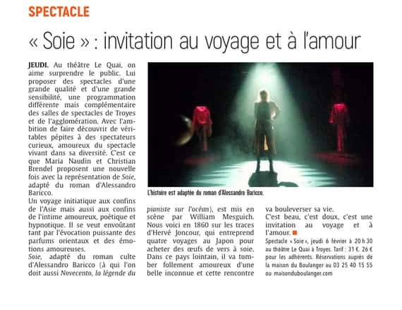 « Soie » : invitation au voyage et à l’amour au Théâtre Le Quai.