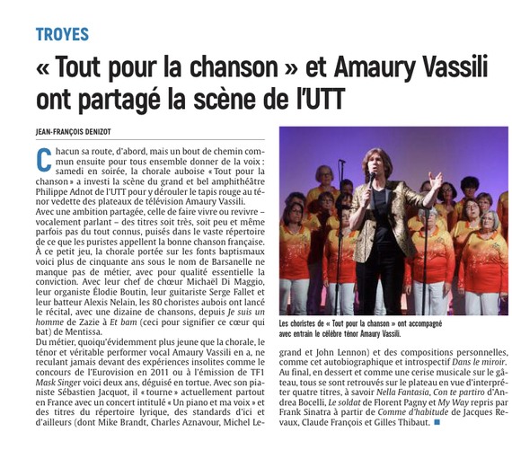 « Tout pour la chanson » et Amaury Vassili ont partagé la scène de l’UTT