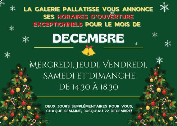 Découvre les horaires de Noël de la galerie Palatisse.