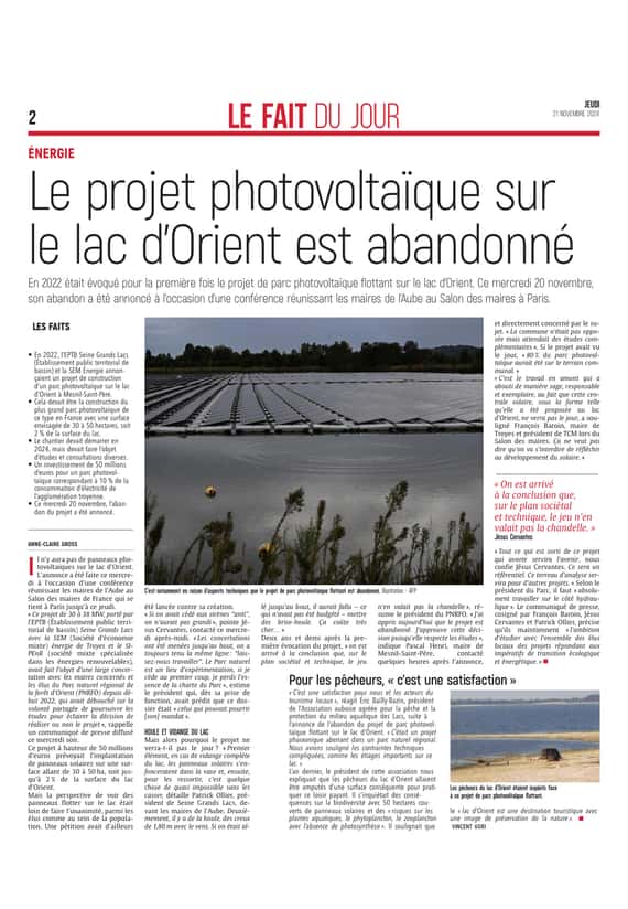 Le projet de centrale photovoltaïque sur le lac d’Orient est abandonné