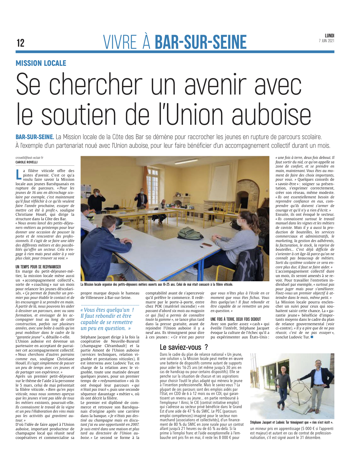 L'Union Auboise aux côté de la Mission locale de Bar sur Seine.