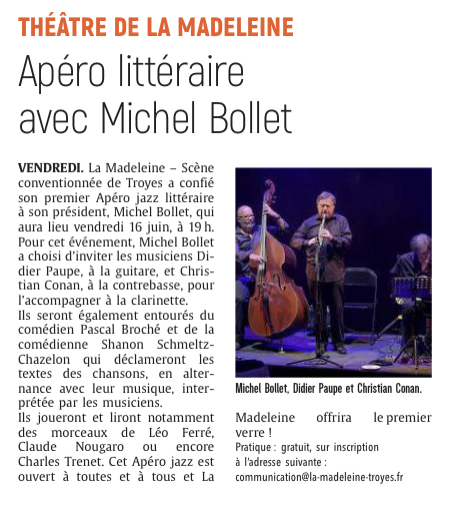 Théâtre La Madeleine : Apéro Littéraire avec Michel Bollet.