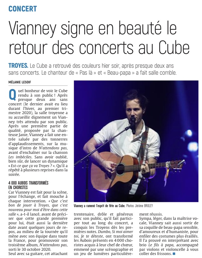 Vianney signe en beauté le retour des concerts au Cube.