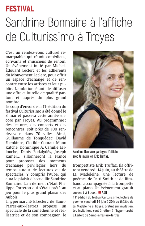 Sandrine Bonnaire à l’affiche du festival Culturissimo