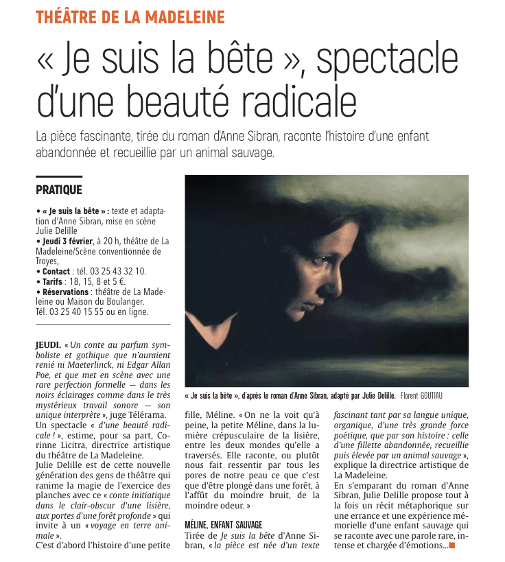 La MADELEINE : Je suis la bête, spectacle d'une beauté radicale.