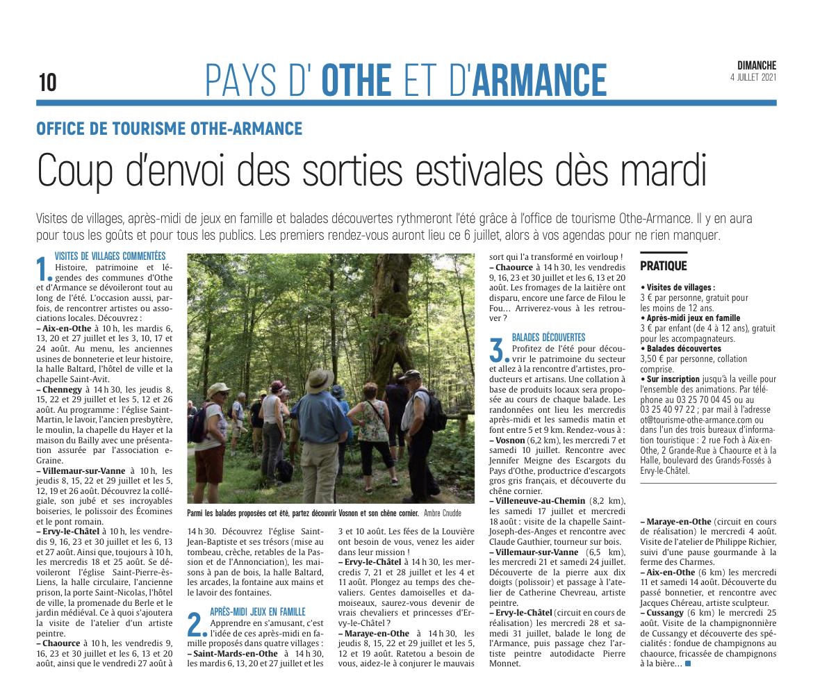 Coup d'envoi des sorties estivales pour l'Office de Tourisme Othe-Armance.