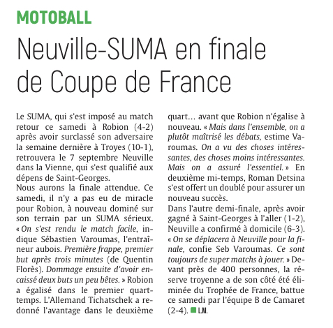 Neuville-SUMA en finale de la Coupe de France de motoball